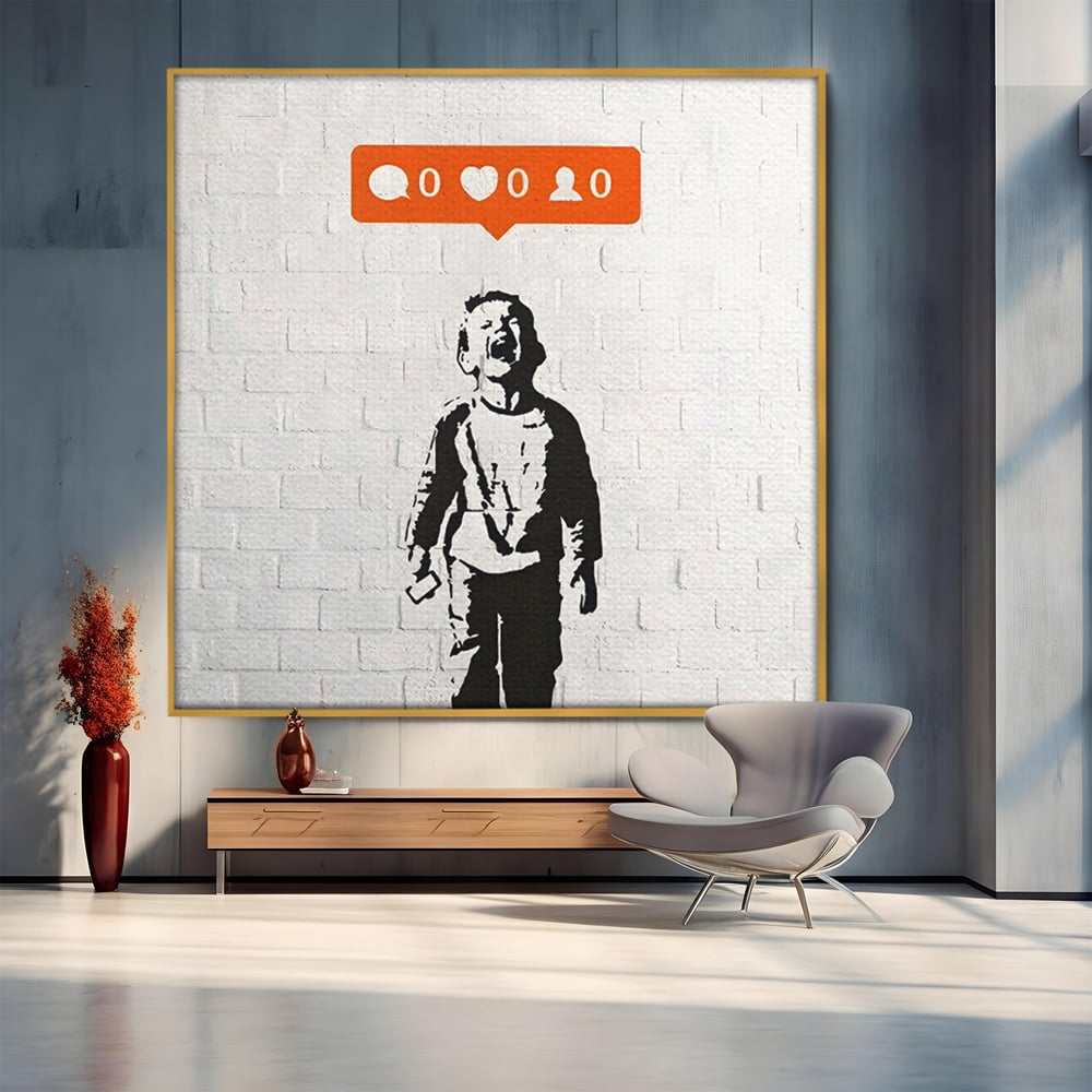 Tablou canvas cu tablou canvas cu copil strigand si notificari, in rama de aluminiu auriu